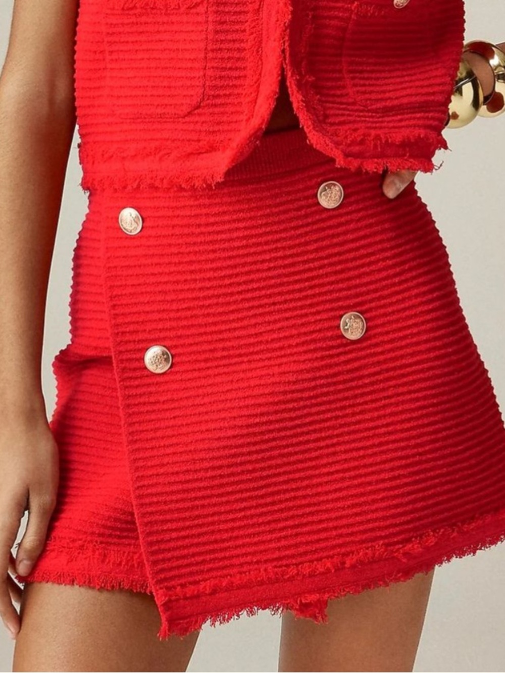 NWT J.Crew Red Stretch Tweed Boucle Knit Gold Button Wrap Mini Skirt XS